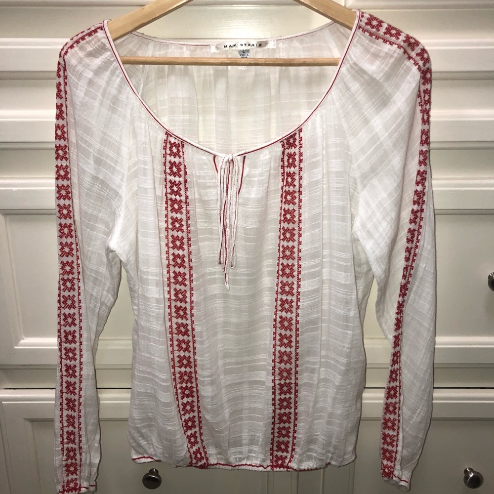 Max Studio red and white embroidered top